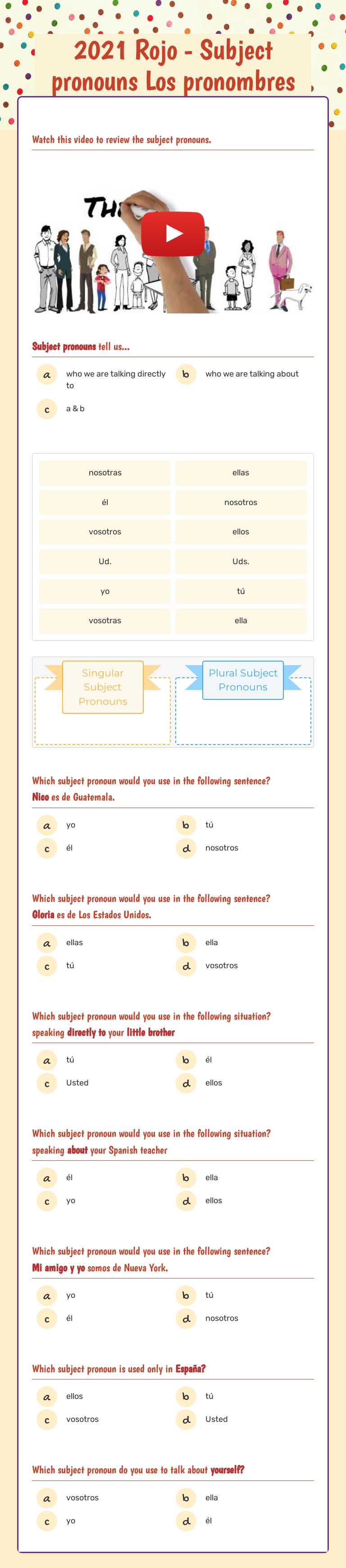 2021 Rojo - Subject pronouns
Los pronombres worksheet preview image