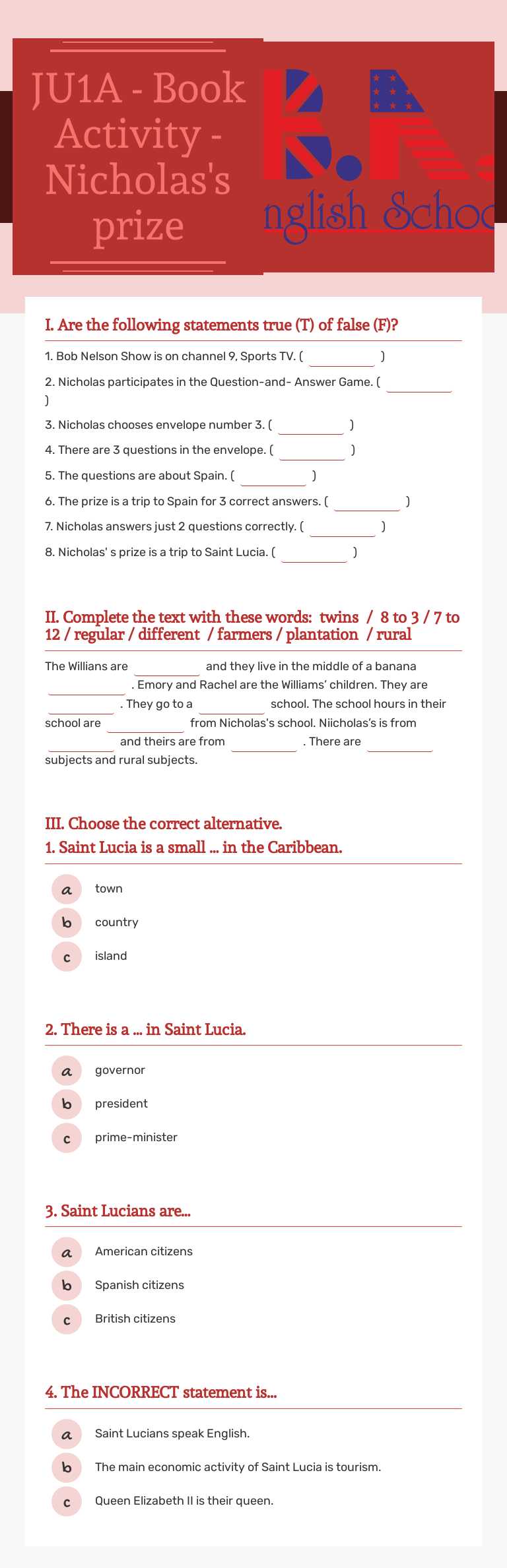 JU1A - Book Activity - Nicholas's prize worksheet preview image