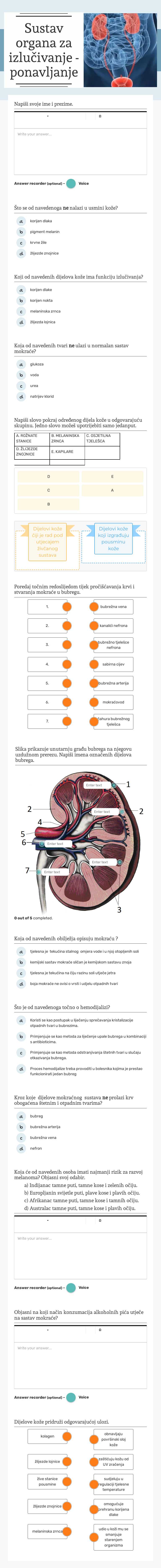 Sustav organa za izlučivanje - ponavljanje worksheet preview image