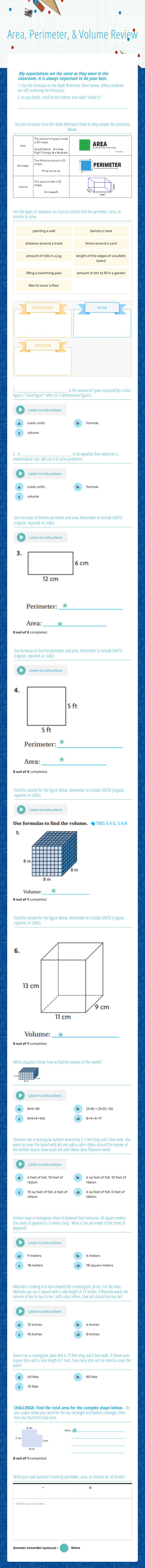 Area, Perimeter, & Volume Review Grade 5 worksheet preview