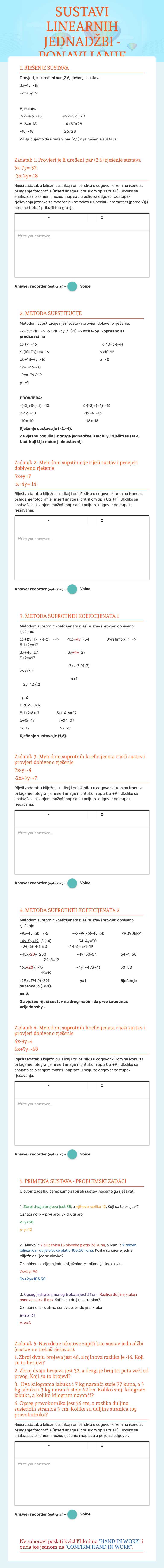 SUSTAVI LINEARNIH JEDNADŽBI - PONAVLJANJE worksheet preview image