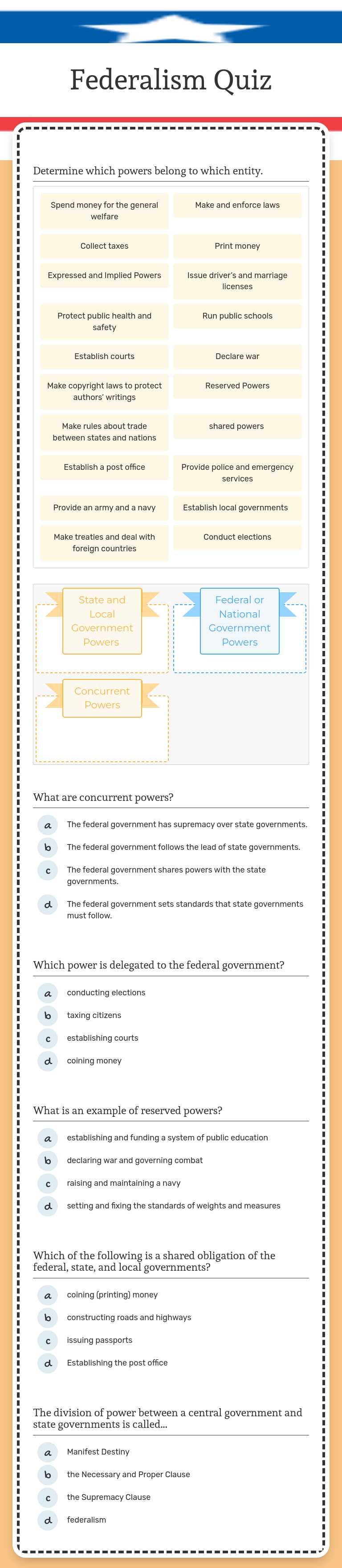 Federalism Quiz Grade 12 worksheet preview