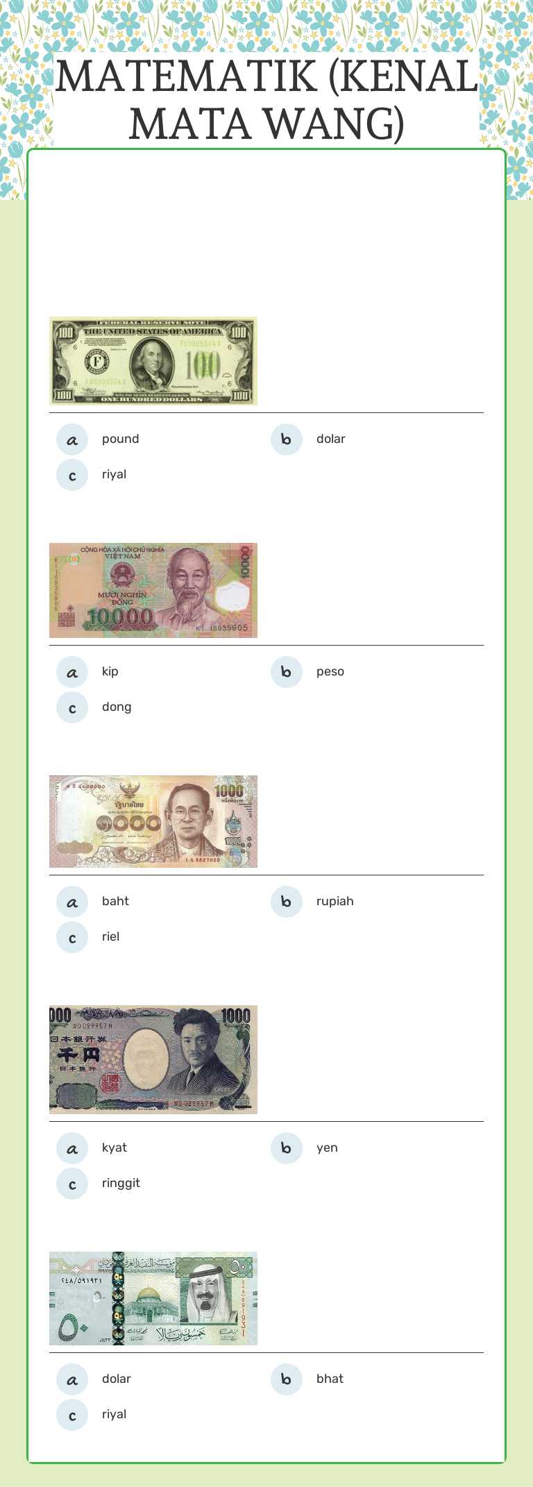 MATEMATIK (KENAL MATA WANG) worksheet preview image