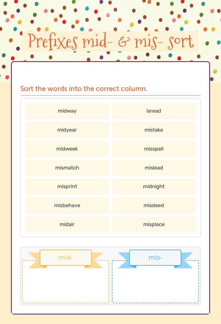 Prefixes mid- & mis- sort worksheet preview image