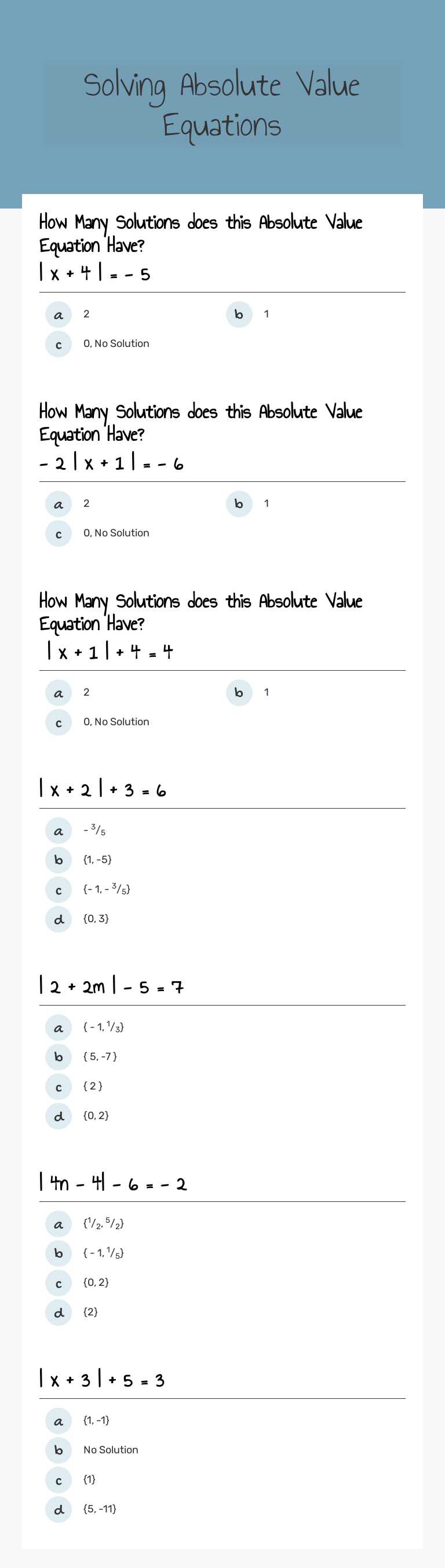 Solving Absolute Value Equations Other worksheet preview