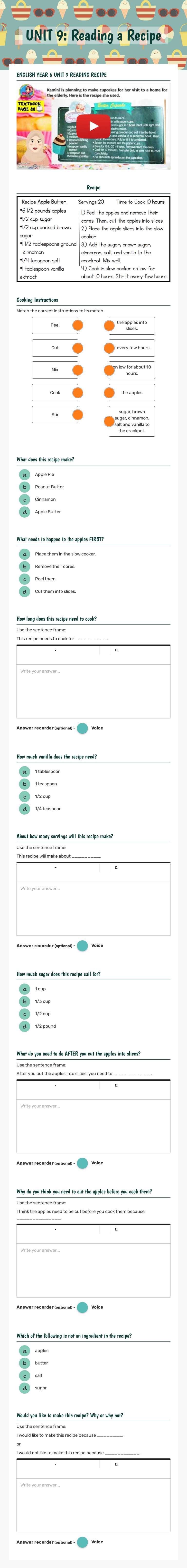 UNIT 9: Reading a Recipe worksheet preview image
