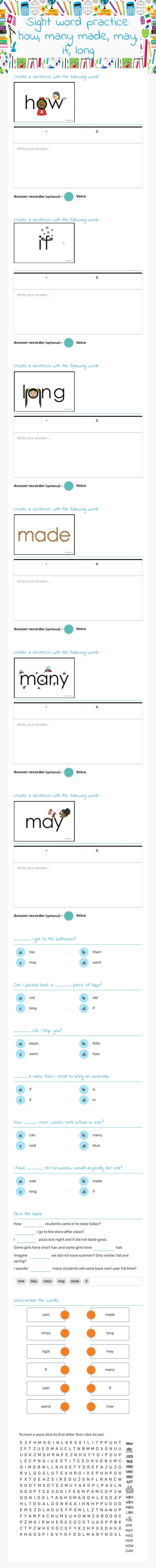 Sight word practice: how, many made, may, if, long worksheet preview image