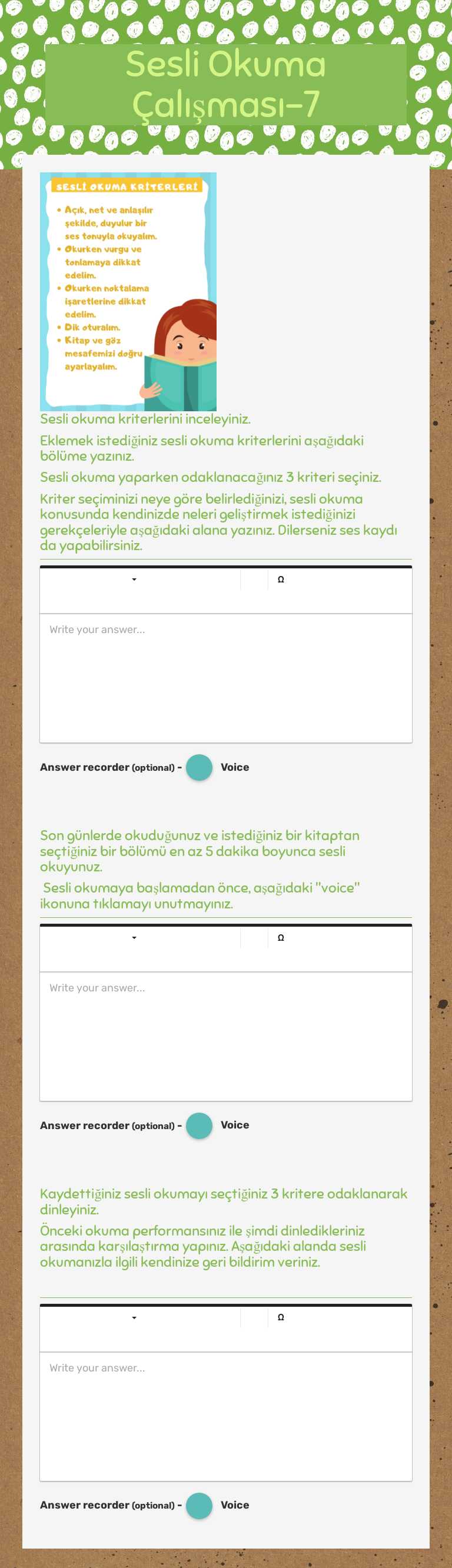 Sesli Okuma Çalışması-7 Grade 3 worksheet preview