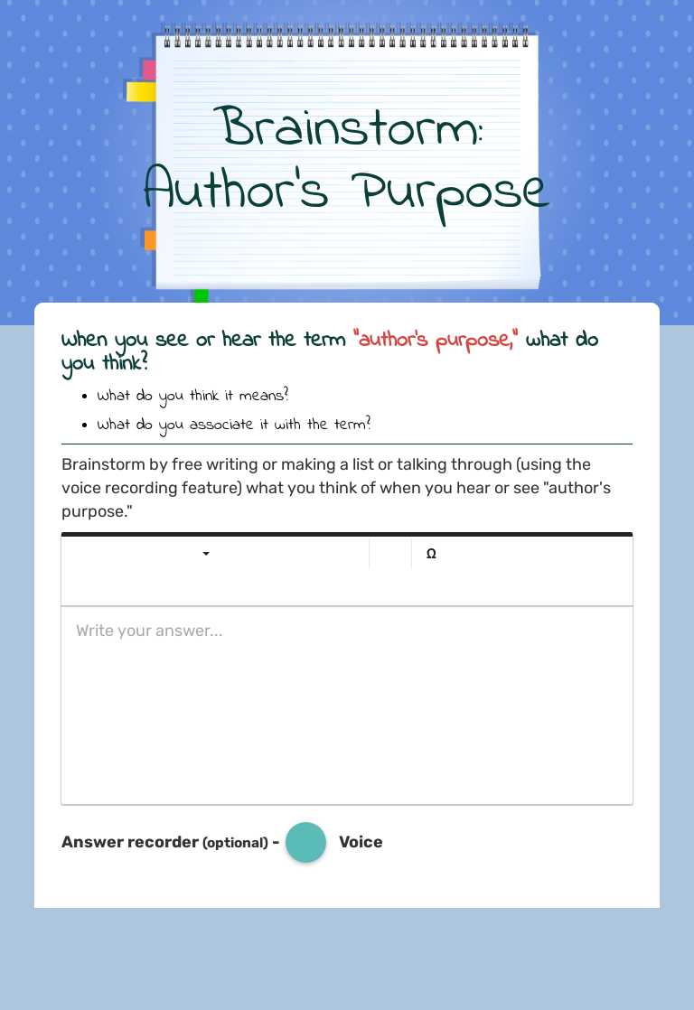 Brainstorm: Author's Purpose Grade 9 worksheet preview