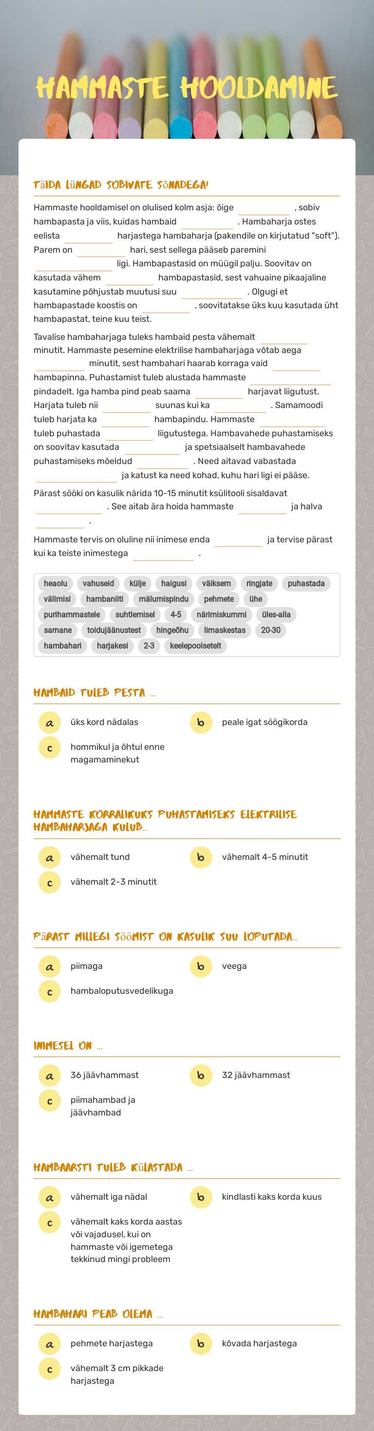 Hammaste hooldamine worksheet preview image