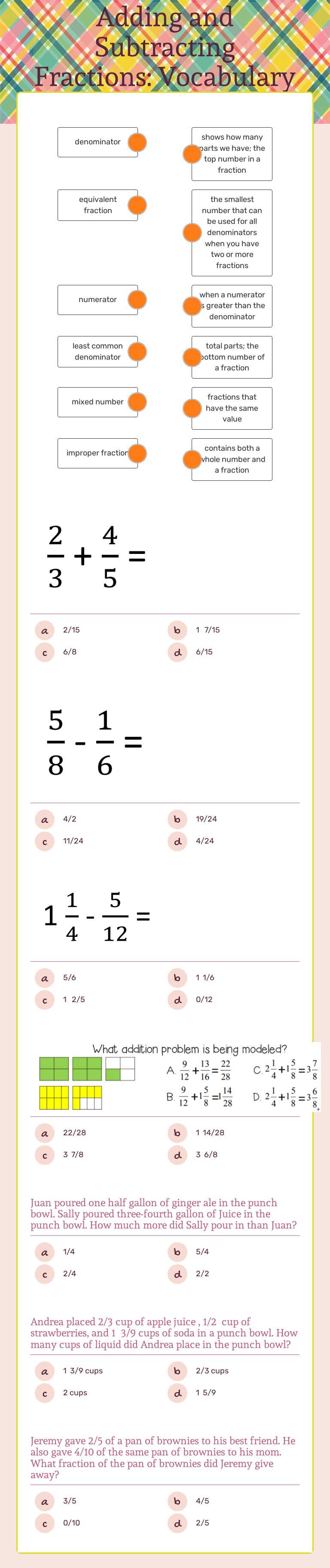 Adding and Subtracting Fractions: Vocabulary & Practice 10/2/20 worksheet preview image