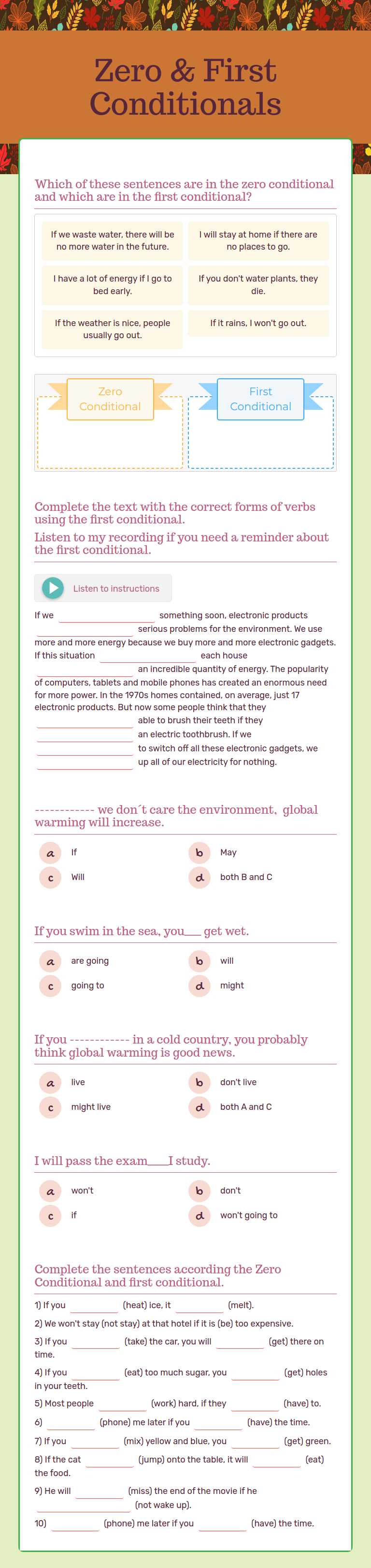 Zero & First Conditionals worksheet preview image