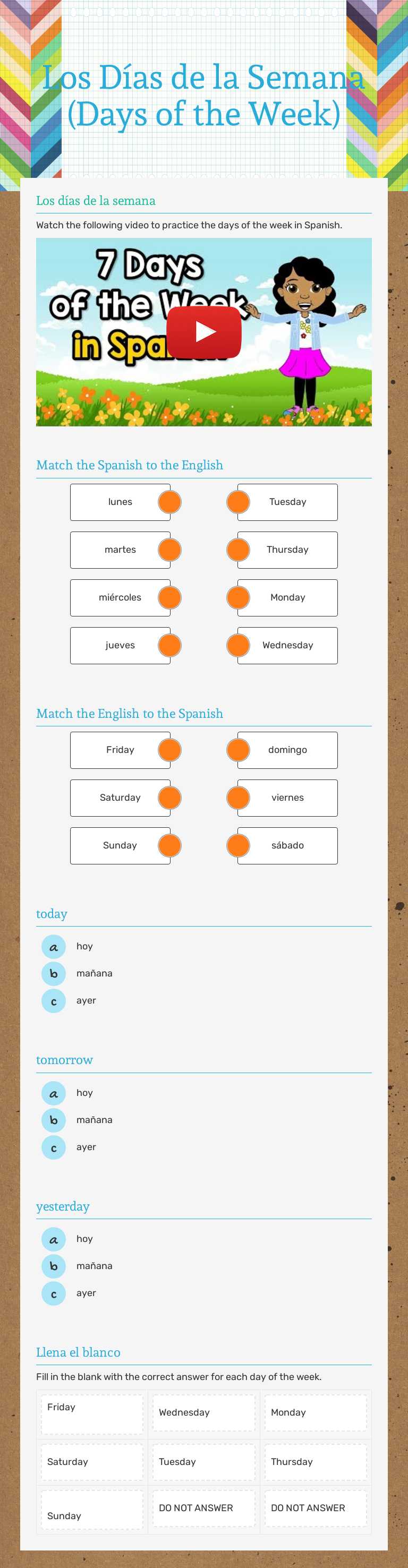 Los Días de la Semana (Days of the Week) Grade 3 worksheet preview