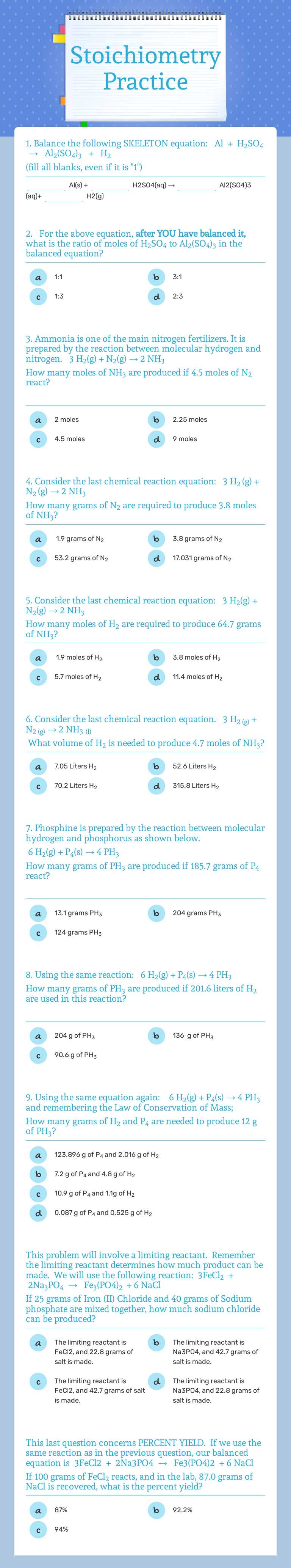 Stoichiometry Practice worksheet preview image