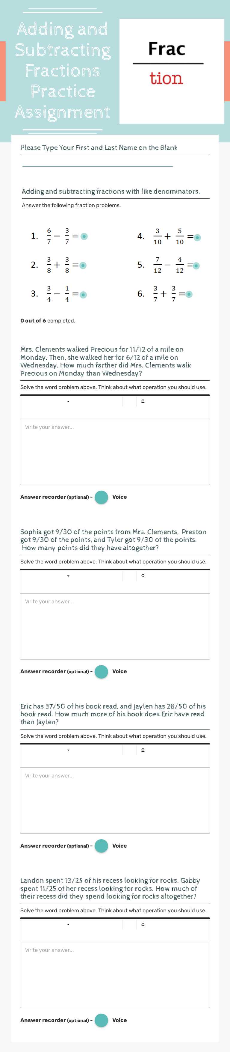 Adding and Subtracting Fractions Practice Assignment Grade 4 worksheet preview