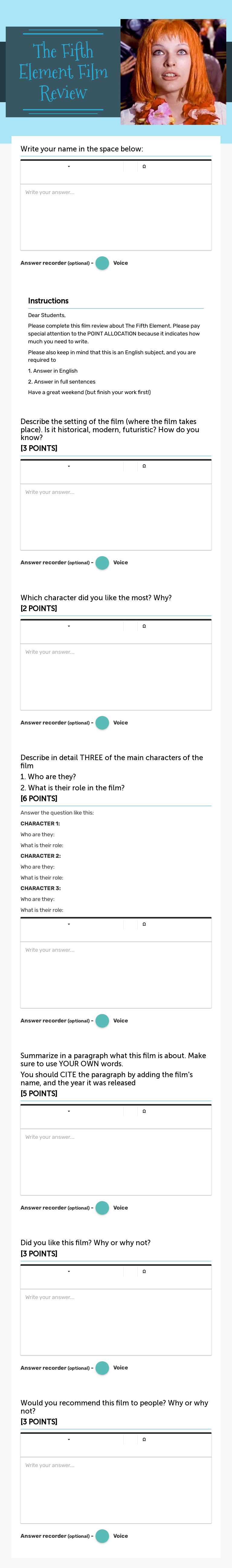 The Fifth Element Film Review worksheet preview image