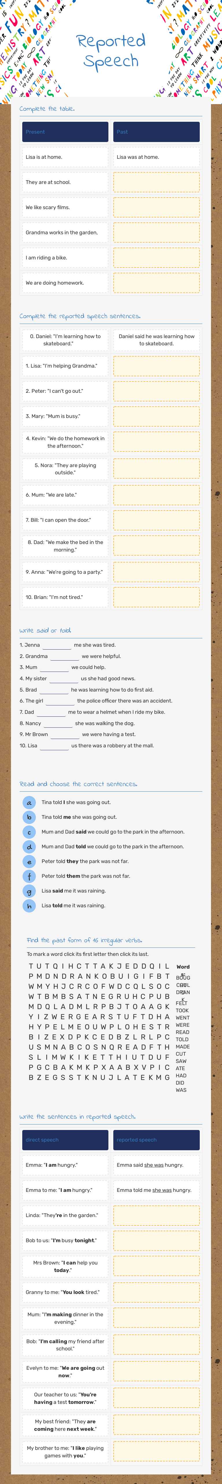 Reported Speech worksheet preview image