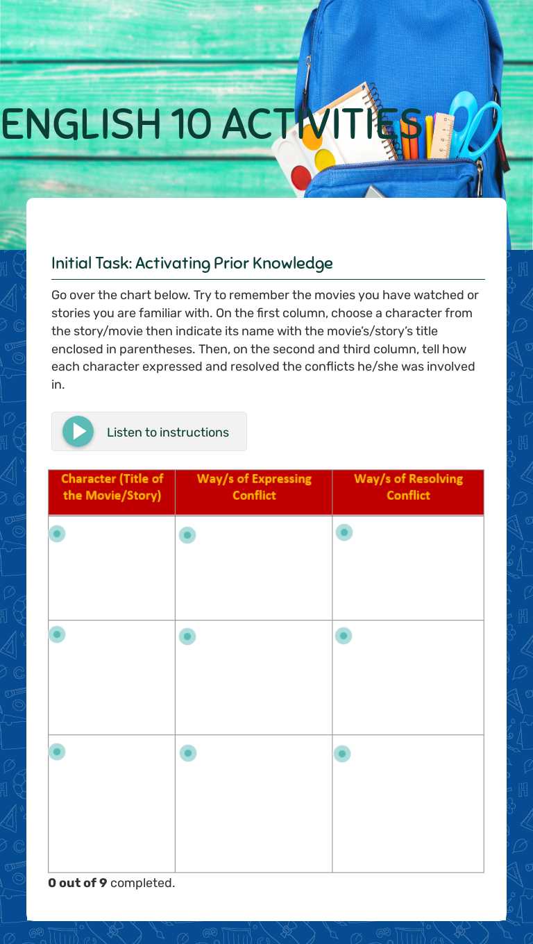 ENGLISH 10                 ACTIVITIES worksheet preview image