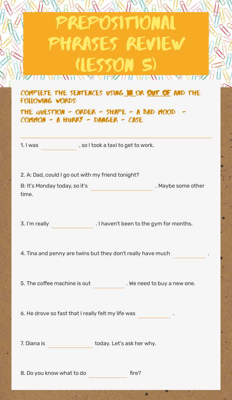 Prepositional phrases review (lesson 5) Grade 10 worksheet preview
