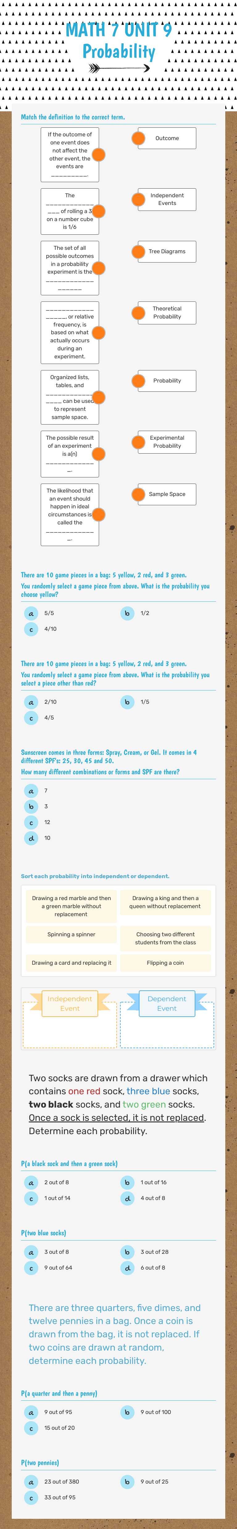 MATH 7 UNIT 9 Probability worksheet preview image