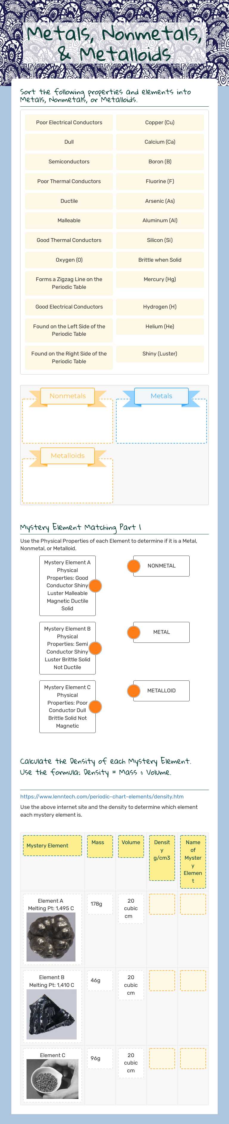 Metals, Nonmetals, & Metalloids worksheet preview image
