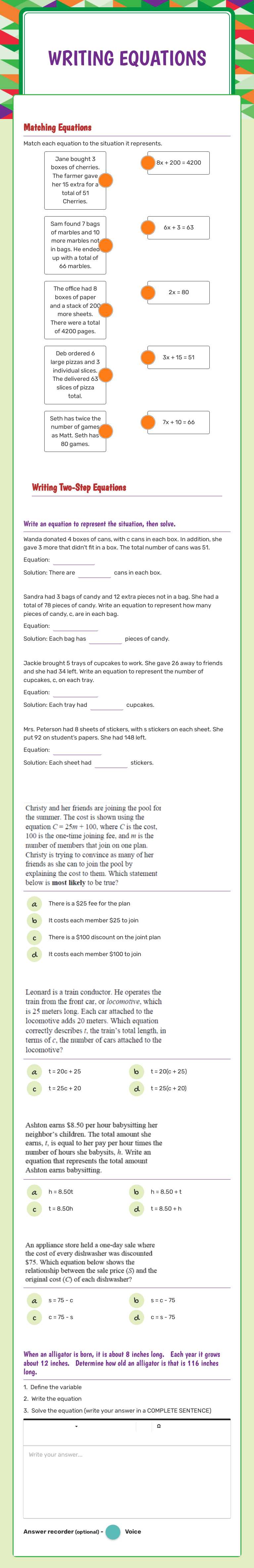 Writing Equations Grade 6 worksheet preview