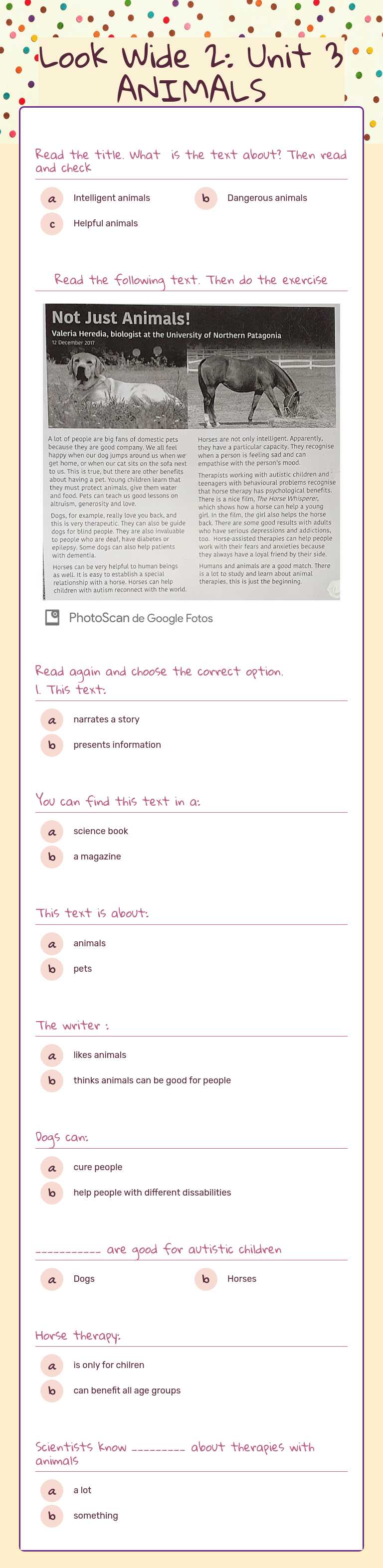 Look Wide 2: Unit 3 ANIMALS worksheet preview image