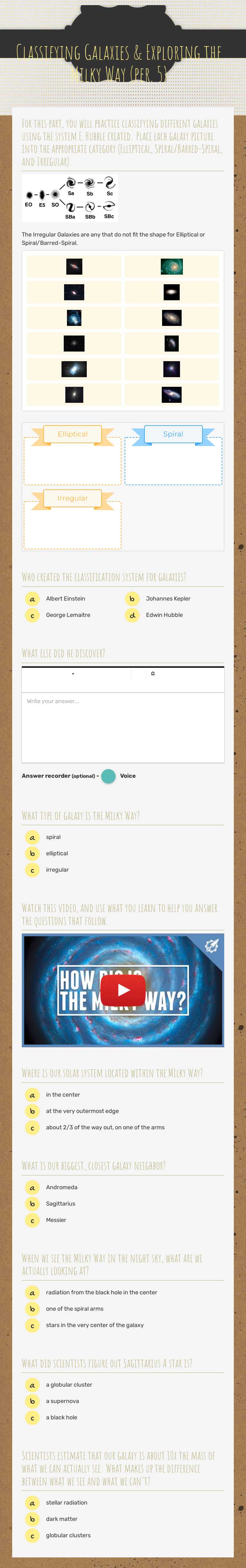 Classifying Galaxies & Exploring the Milky Way (per. 5) Grade 9 worksheet preview