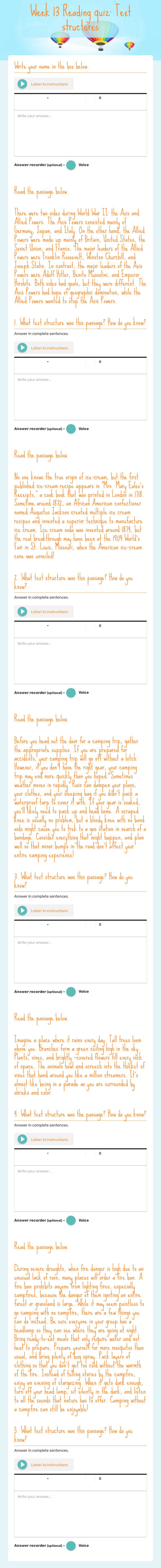 Week 13 Reading quiz: Text structures worksheet preview