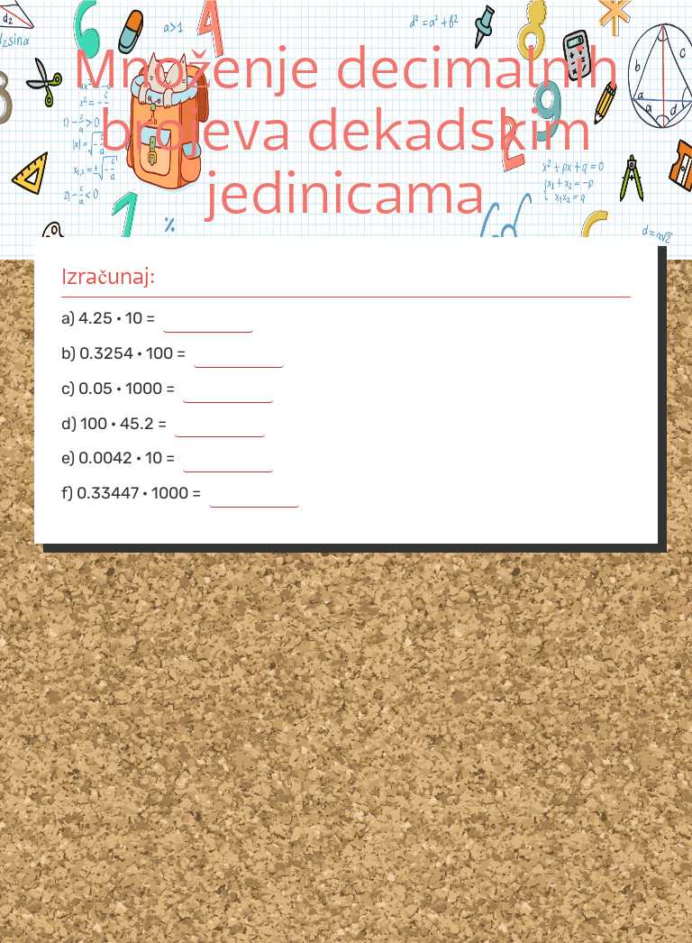 Množenje decimalnih brojeva dekadskim jedinicama worksheet preview image