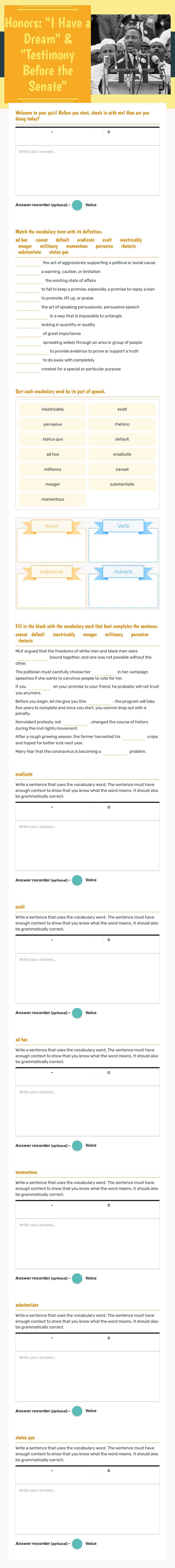 Honors: "I Have a Dream" & "Testimony Before the Senate" Grade 9 worksheet preview