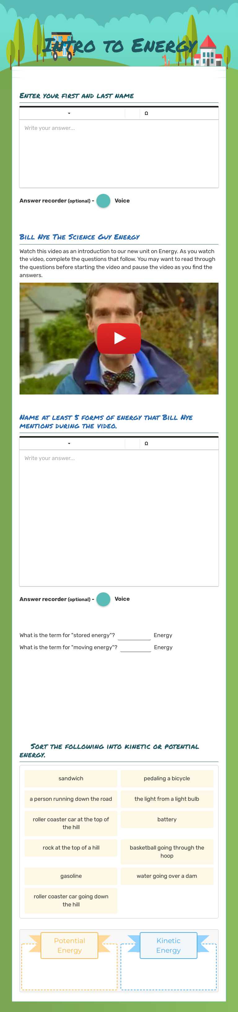 Intro to Energy worksheet preview image