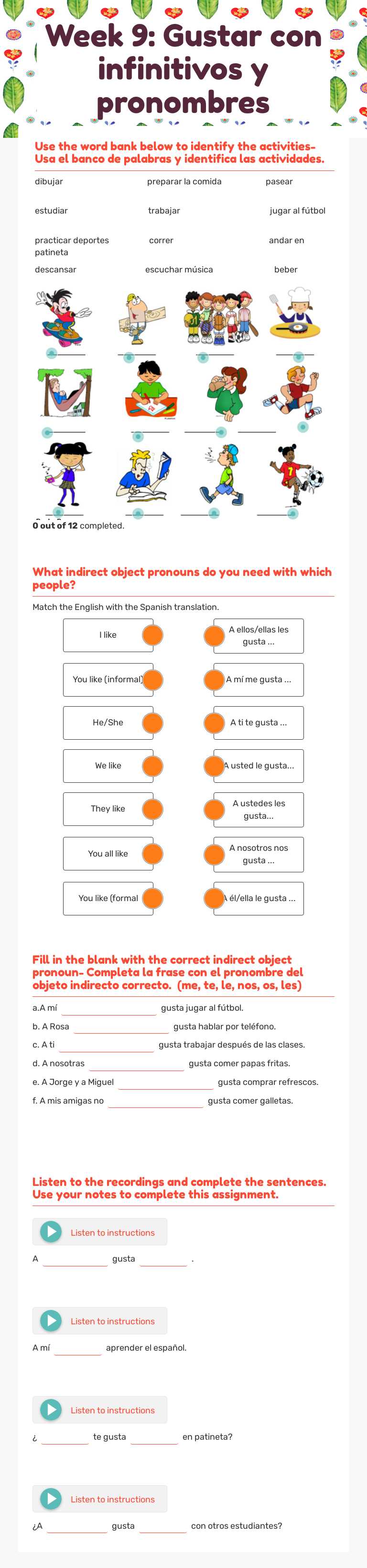 Week 9: Gustar con infinitivos y pronombres worksheet preview image