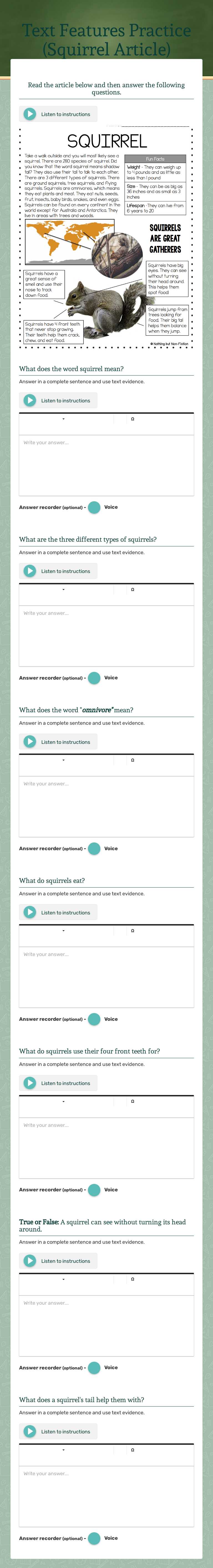 Text Features Practice (Squirrel Article) Grade 4 worksheet preview