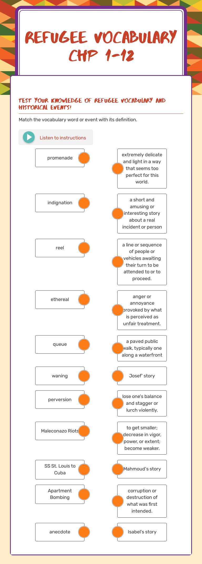 Refugee Vocabulary CHp 1-12 worksheet preview image