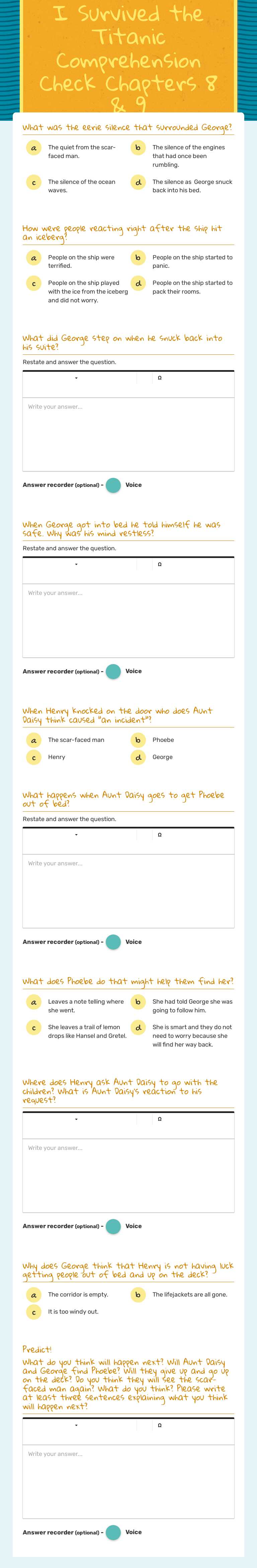I Survived the Titanic Comprehension Check 
Chapters 8 & 9 worksheet preview image