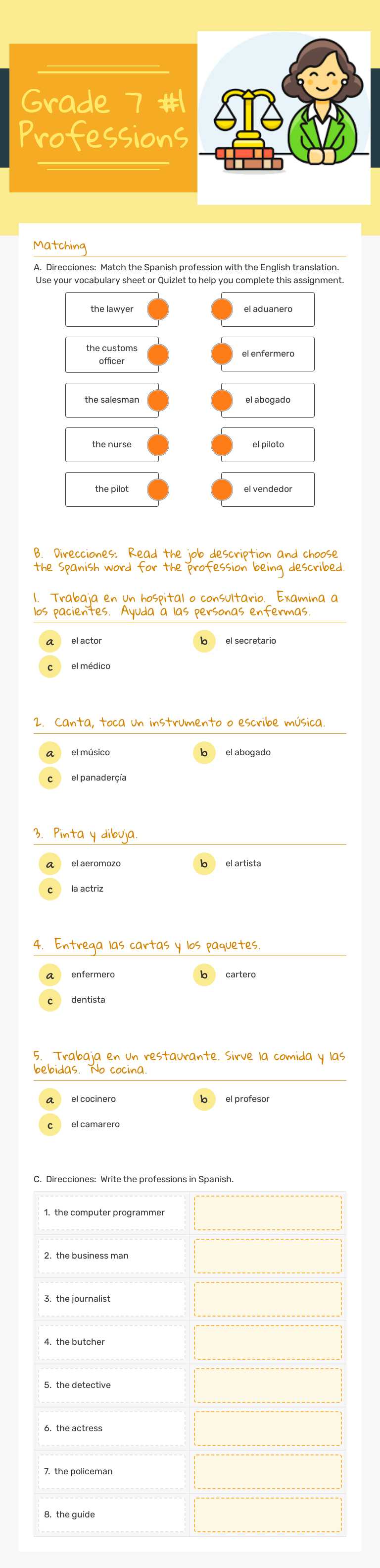 Grade 7 #1 Professions worksheet preview image