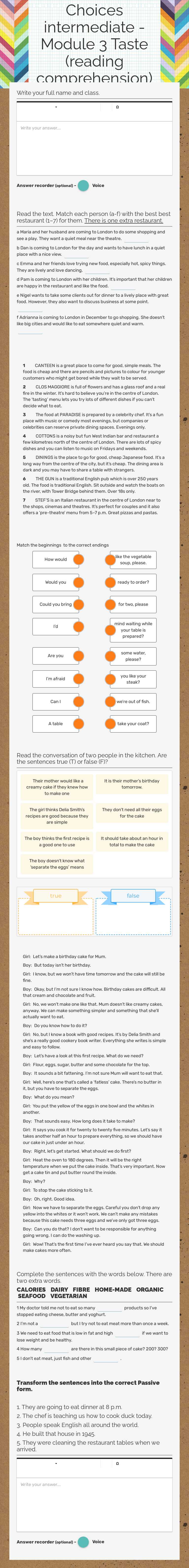 Choices intermediate - Module 3 Taste (reading comprehension) worksheet preview image