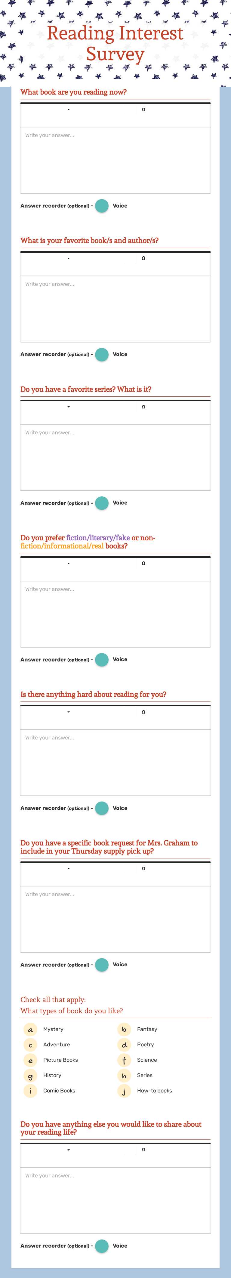 Reading Interest Survey Grade 5 worksheet preview