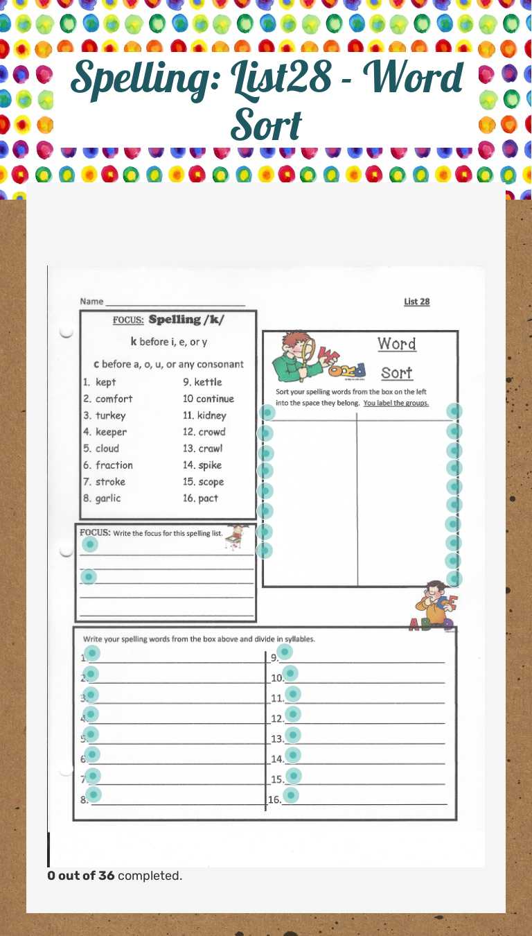 Spelling: List28 - Word Sort worksheet preview image