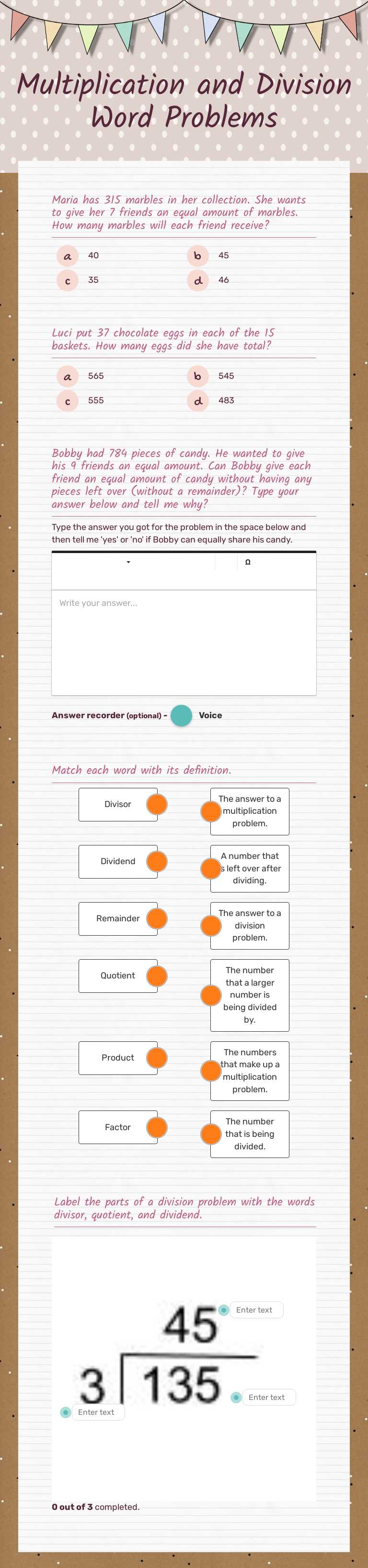Multiplication and Division Word Problems Grade 4 worksheet preview