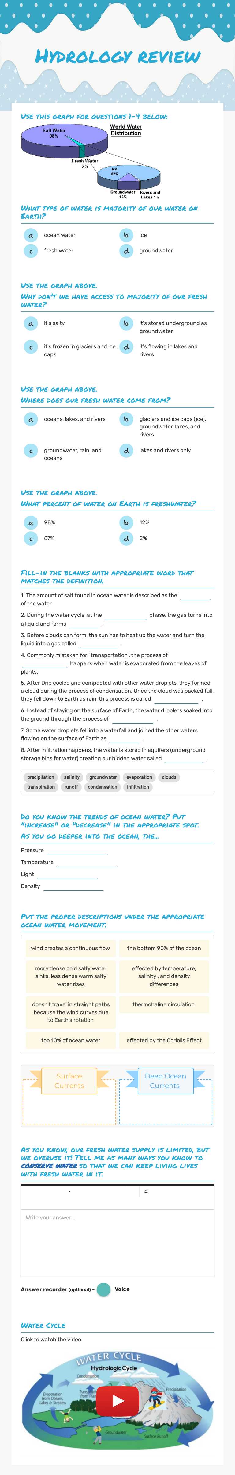Hydrology review Grade 6 worksheet preview