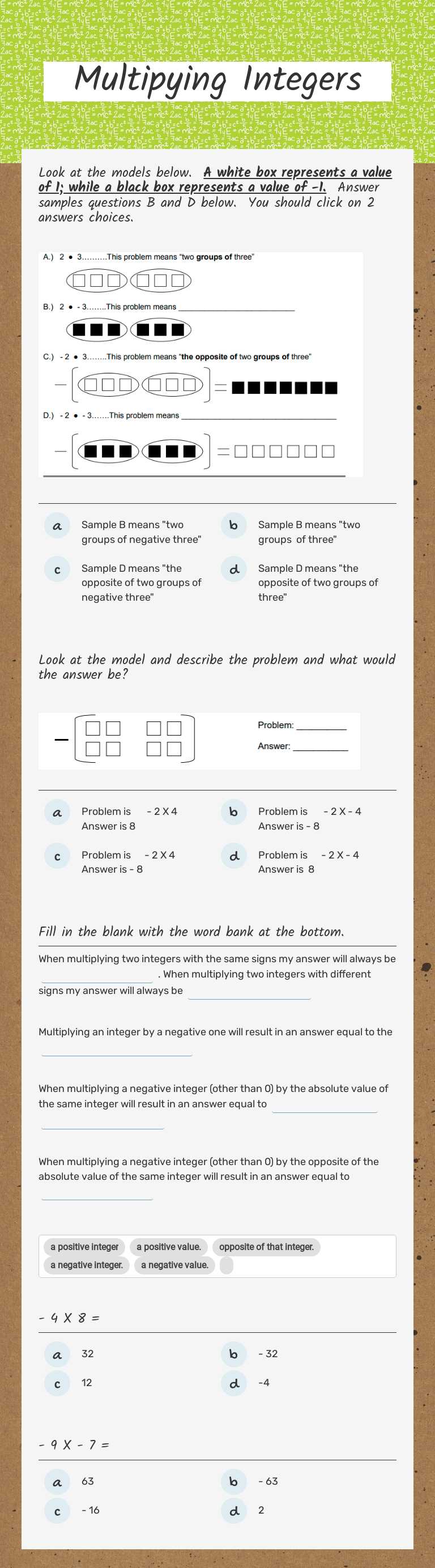 Multipying Integers Grade 6 worksheet preview