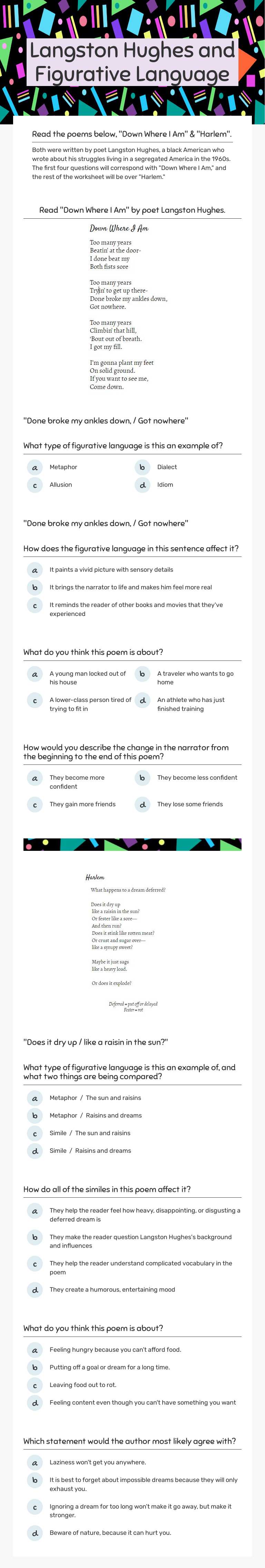 Langston Hughes and Figurative Language worksheet preview image