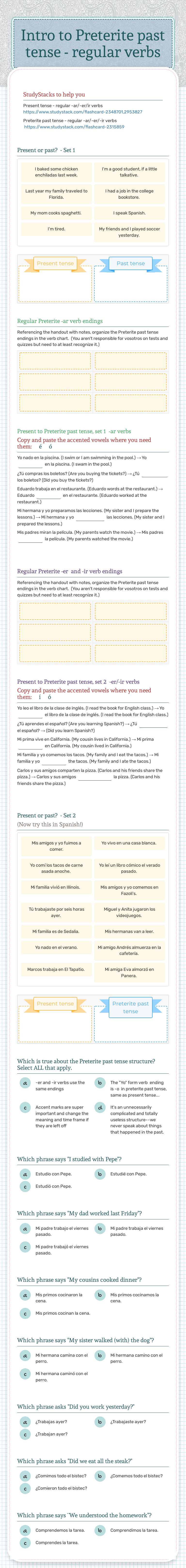 Intro to Preterite past tense - regular verbs worksheet preview image