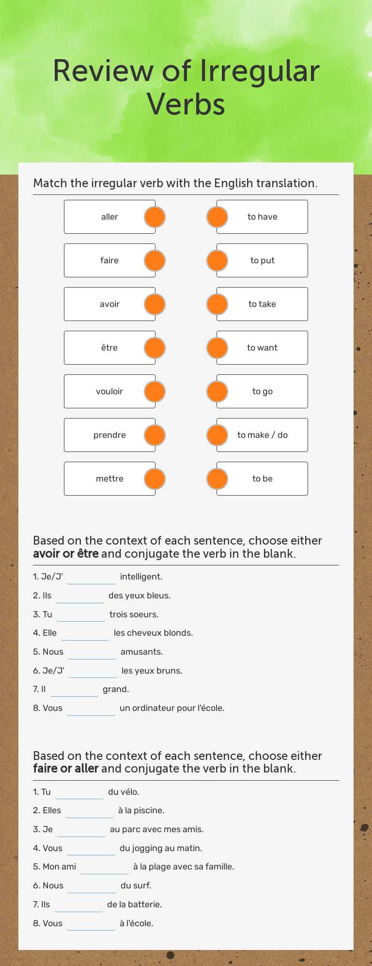 Review of Irregular Verbs worksheet preview image