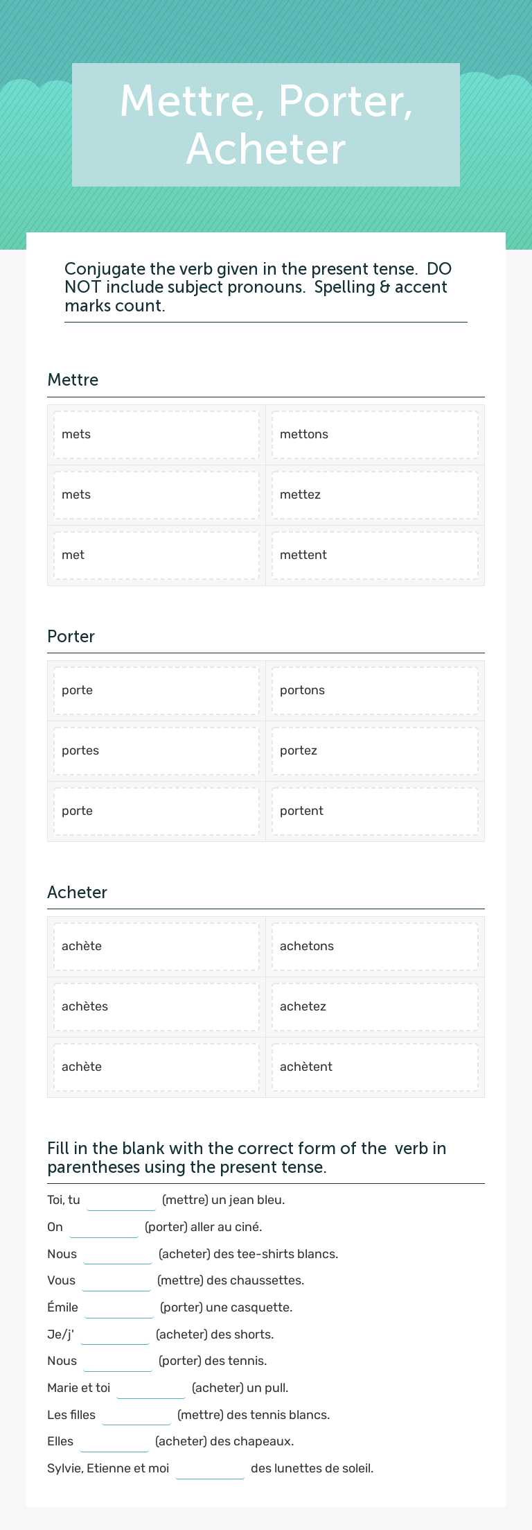 Mettre, Porter, Acheter worksheet preview image