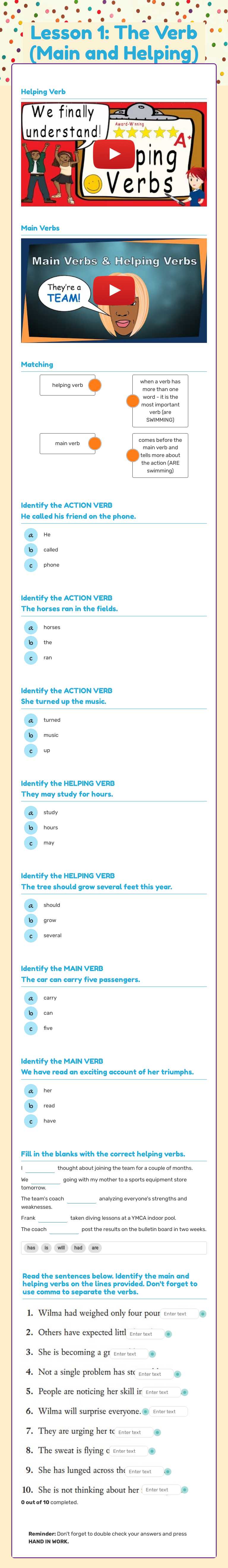 Lesson 1: The Verb (Main and Helping) worksheet preview image