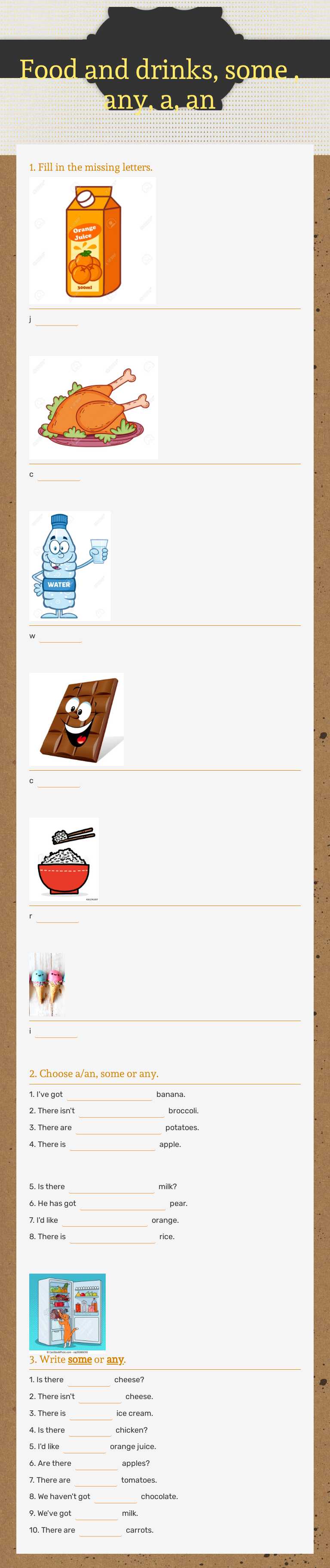 Food and drinks, some , any, a, an worksheet preview image