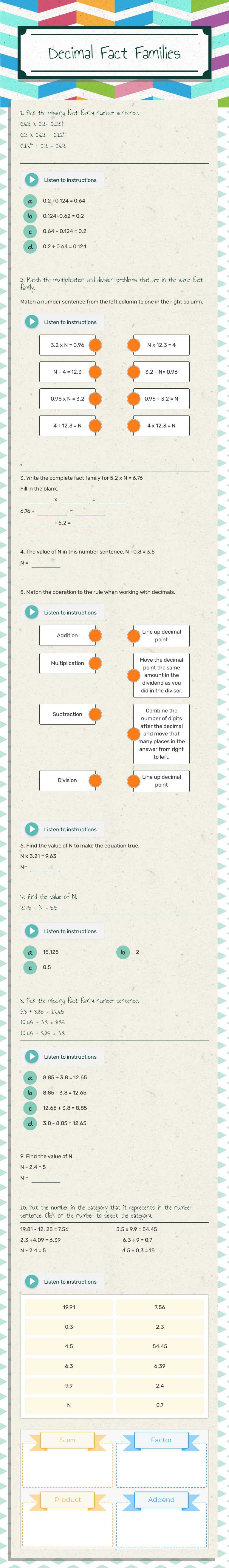 Decimal 
Fact Families Grade 6 worksheet preview